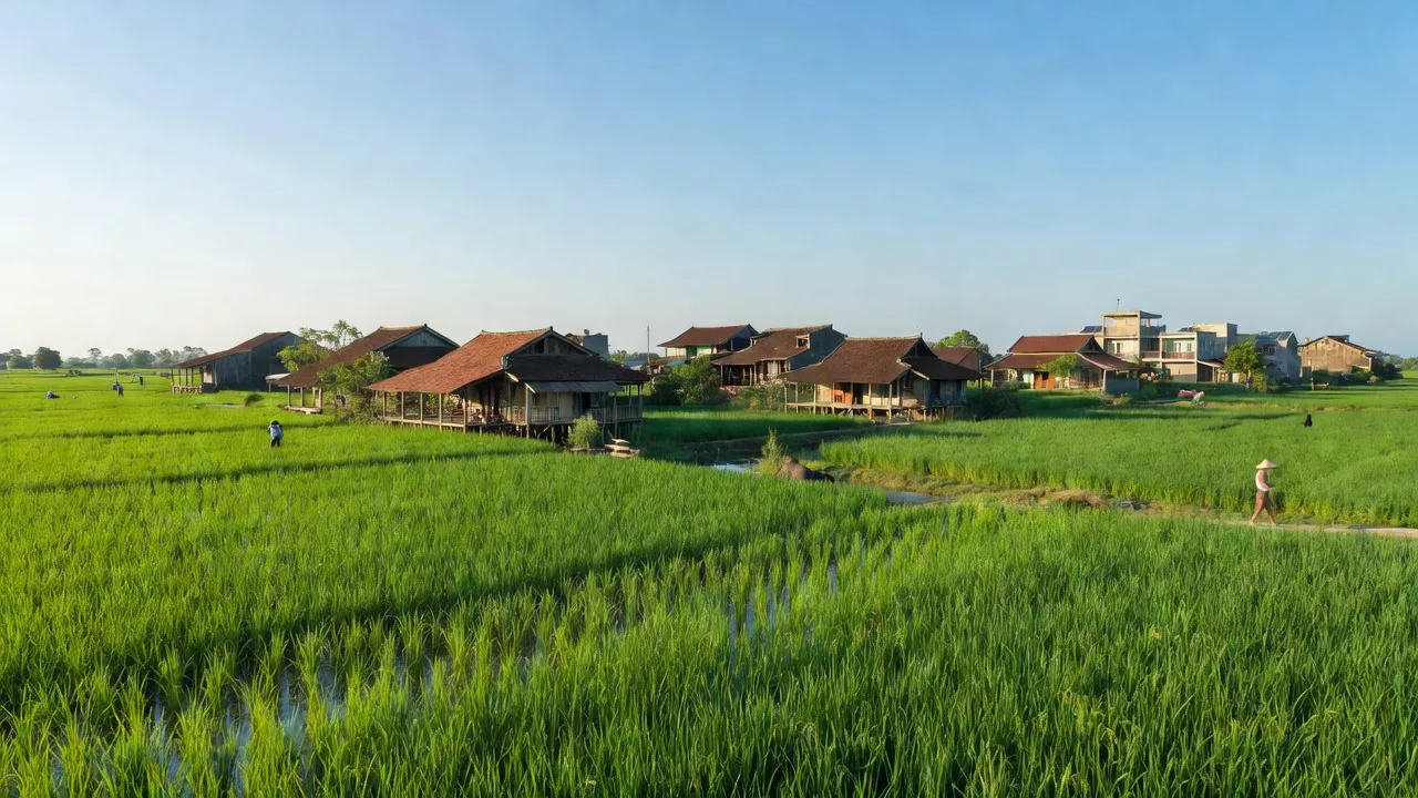 Cảnh sắc yên bình ở Xã Hoà Lạc, Huyện Phú Tân, Tỉnh An Giang với cánh đồng xanh tươi.