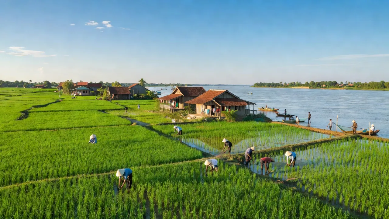 Khung cảnh xanh tươi của xã Long Hoà, huyện Phú Tân, tỉnh An Giang dưới bầu trời trong xanh.