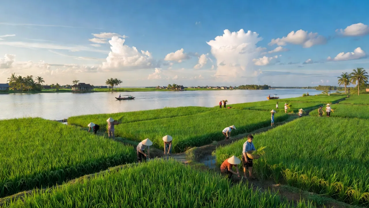 Cảnh đồng lúa xanh mướt ở xã Phú An, huyện Phú Tân, tỉnh An Giang bên sông Tiền.
