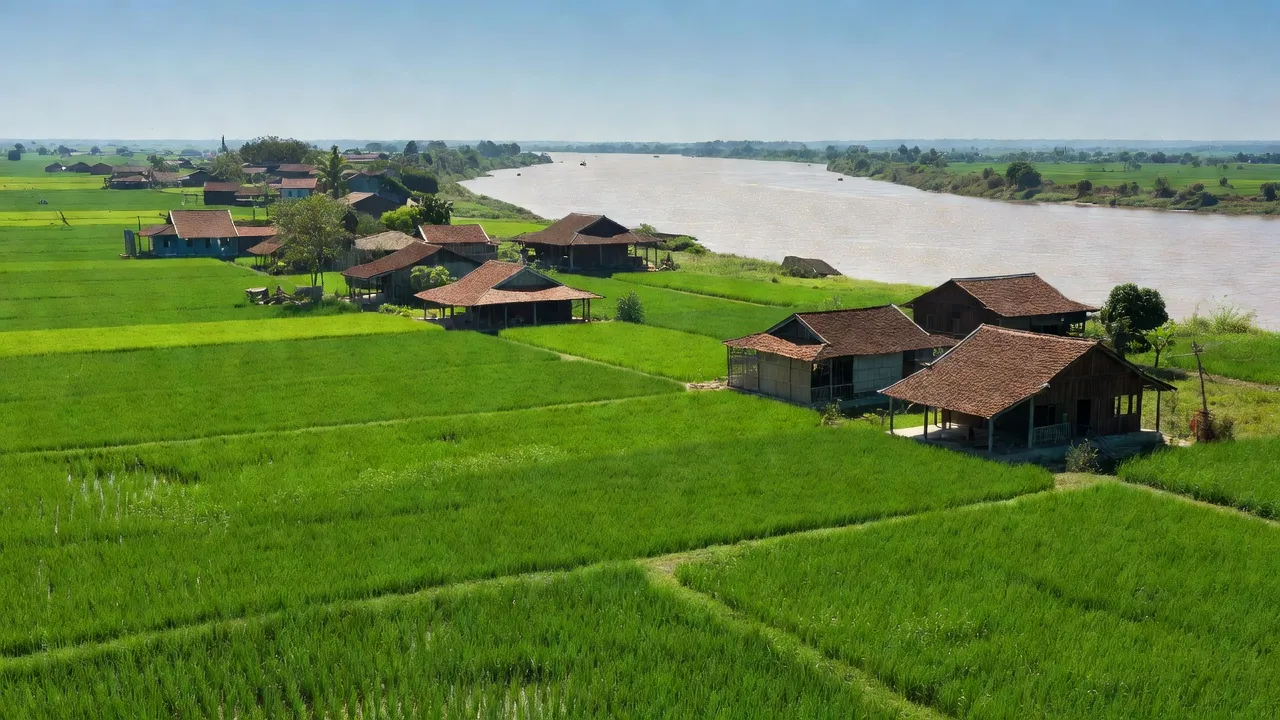 Cảnh sắc Xã Phú An, Huyện Phú Tân, Tỉnh An Giang với đồng ruộng xanh và sông Tiền.