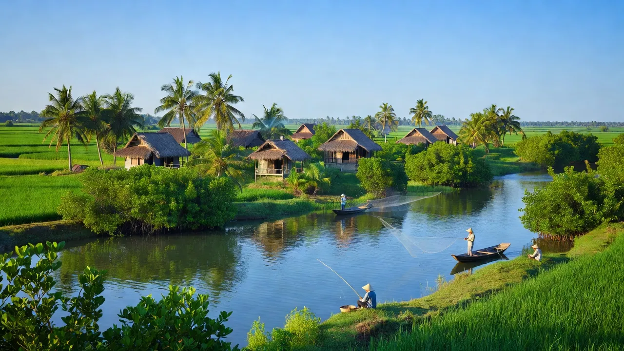 Khung cảnh Xã Phú Bình, huyện Phú Tân, An Giang với cây xanh và dòng sông Hậu.