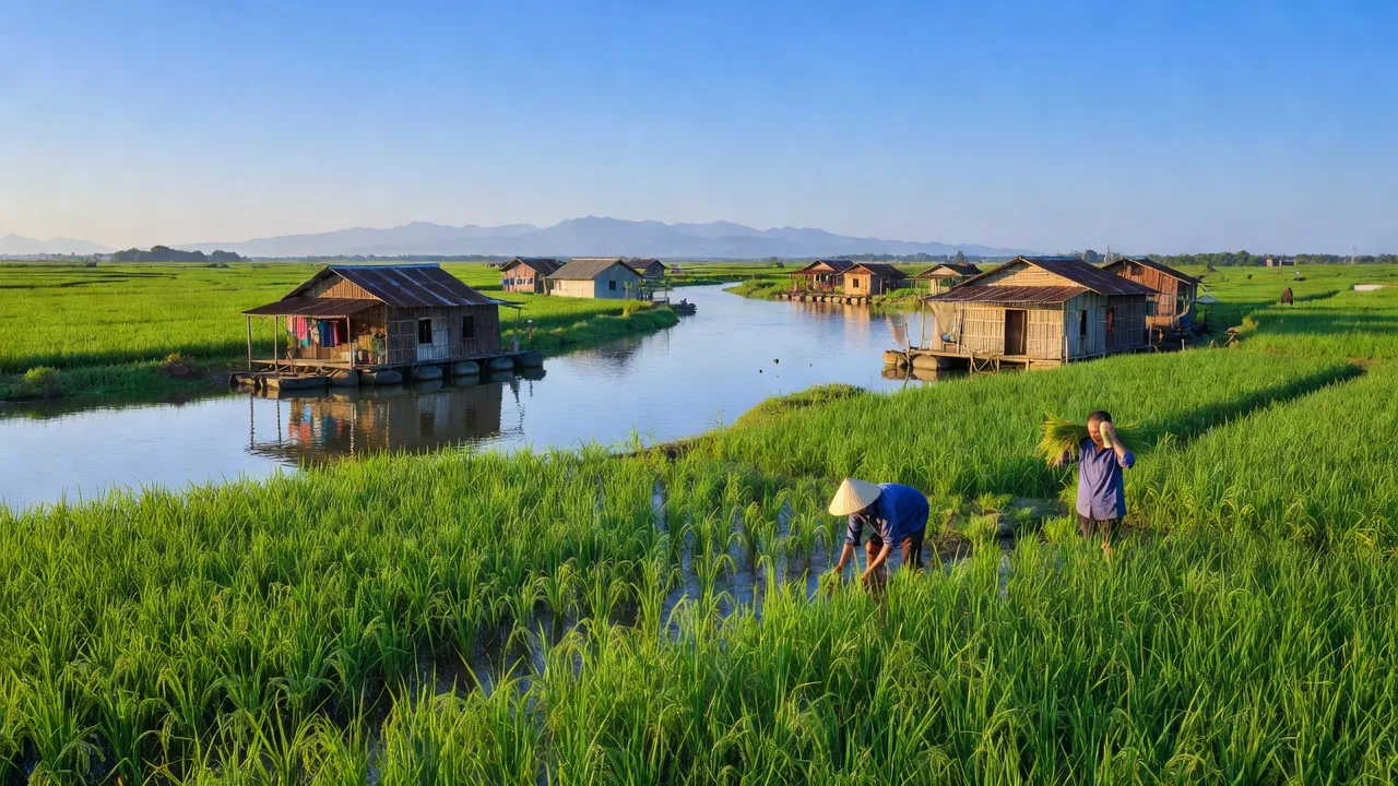 Khung cảnh yên bình xã Phú Bình, huyện Phú Tân, tỉnh An Giang với cánh đồng xanh mướt và dòng sông.