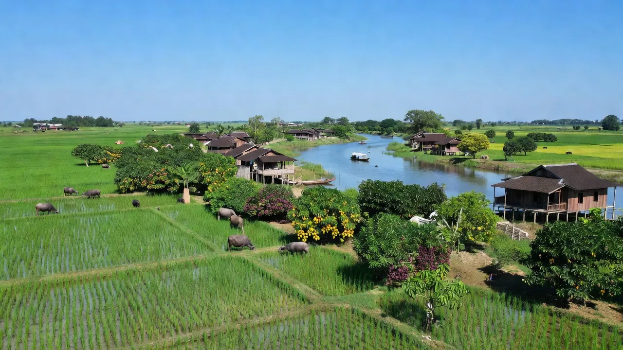 Cảnh sắc làng Phú Hiệp, Huyện Phú Tân, An Giang với đồng lúa và vườn cây ăn trái.