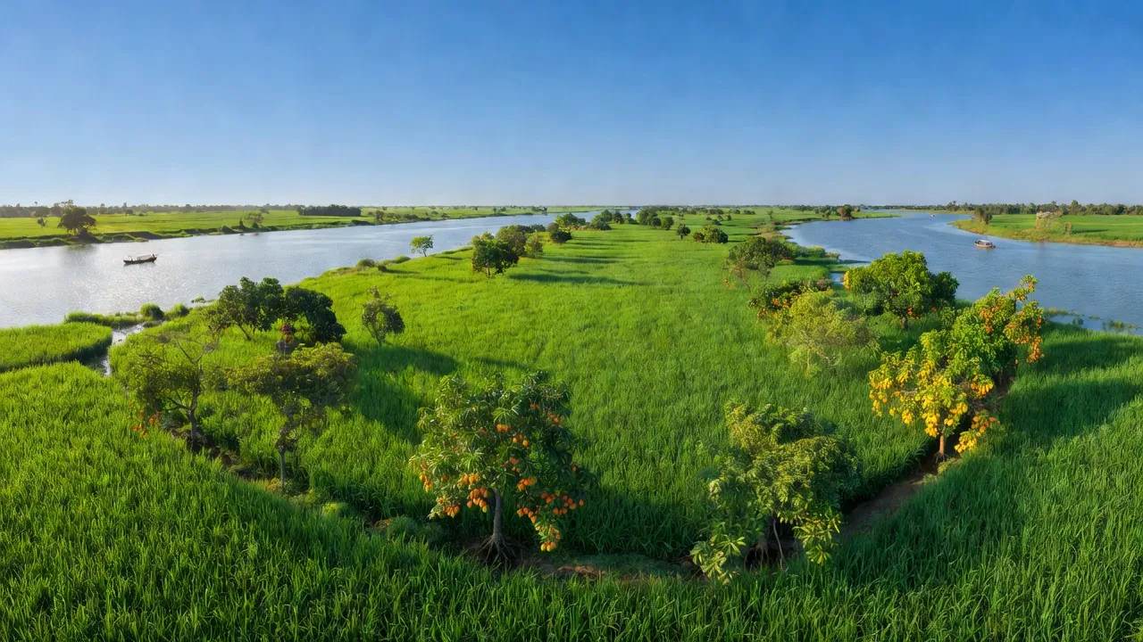 Khung cảnh nông thôn xã Phú Hiệp, huyện Phú Tân, tỉnh An Giang với lúa và cây ăn trái.