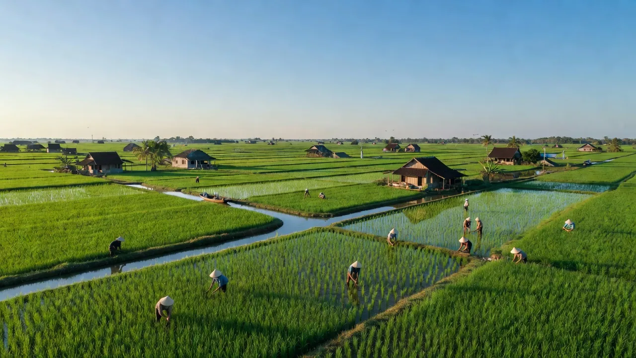 Cảnh quan xã Phú Hưng, huyện Phú Tân, tỉnh An Giang, với cánh đồng xanh mướt và hệ thống sông ngòi.