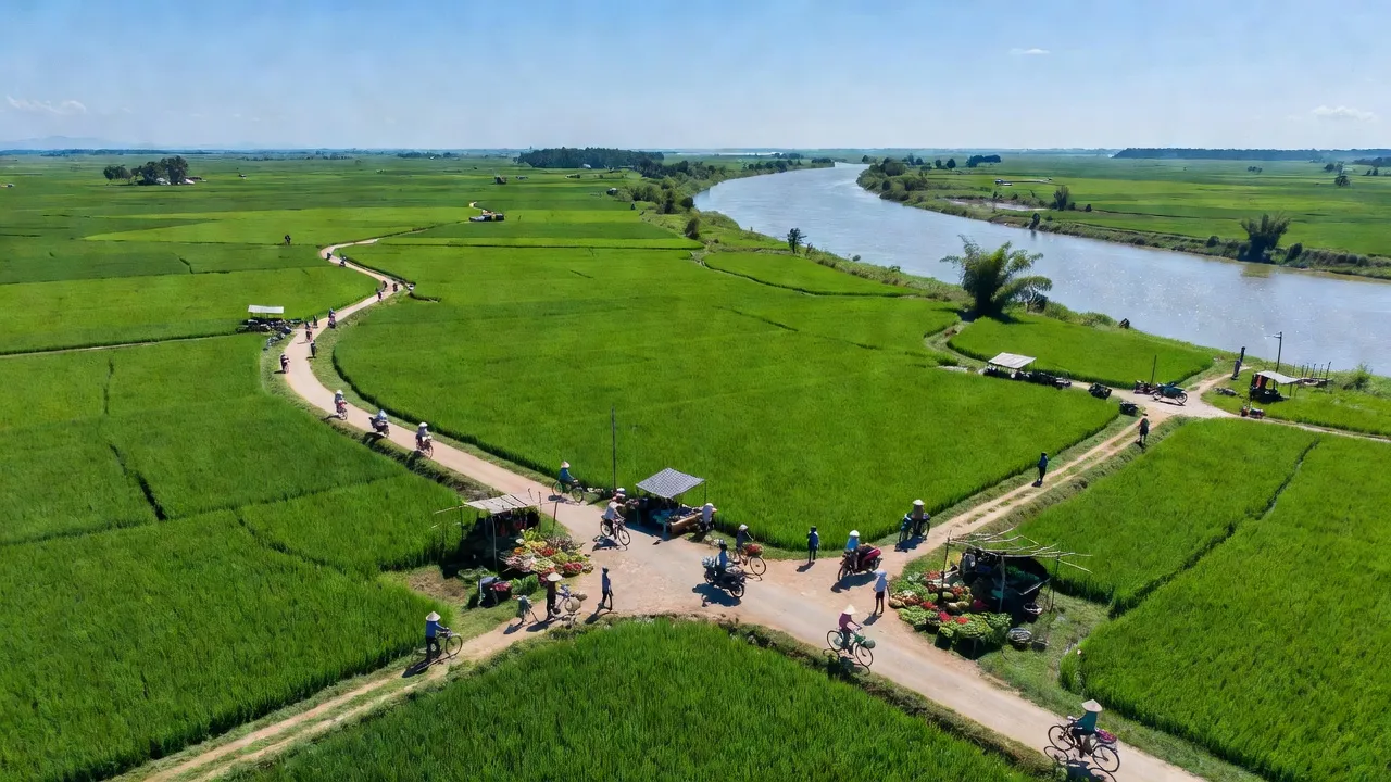 Cảnh đồng xanh ở xã Phú Lâm, huyện Phú Tân, An Giang, sông Tiền và hoạt động nông nghiệp nhộn nhịp.