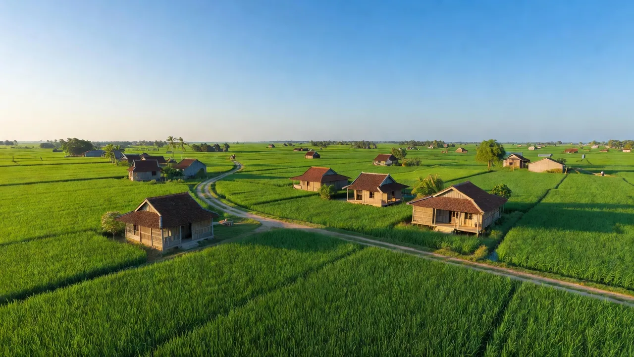 Cảnh đẹp xã Phú Long, huyện Phú Tân, tỉnh An Giang với ruộng xanh và nhà truyền thống.