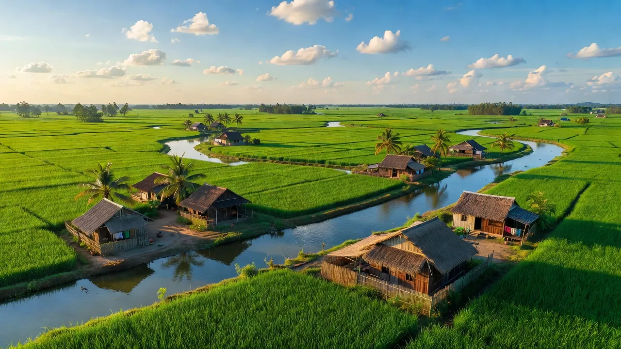 Cảnh sắc yên bình xã Phú Long, huyện Phú Tân, tỉnh An Giang với ruộng xanh và nhà truyền thống.