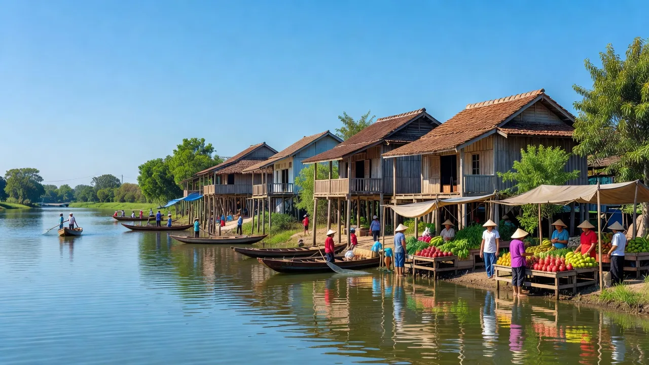 Thị trấn Phú Mỹ, huyện Phú Tân, tỉnh An Giang bên sông Tiền, cảnh quan và cuộc sống địa phương.