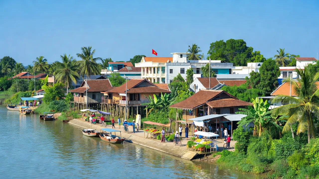 View of Phú Mỹ town in An Giang, showcasing the Tiền River and local architecture.