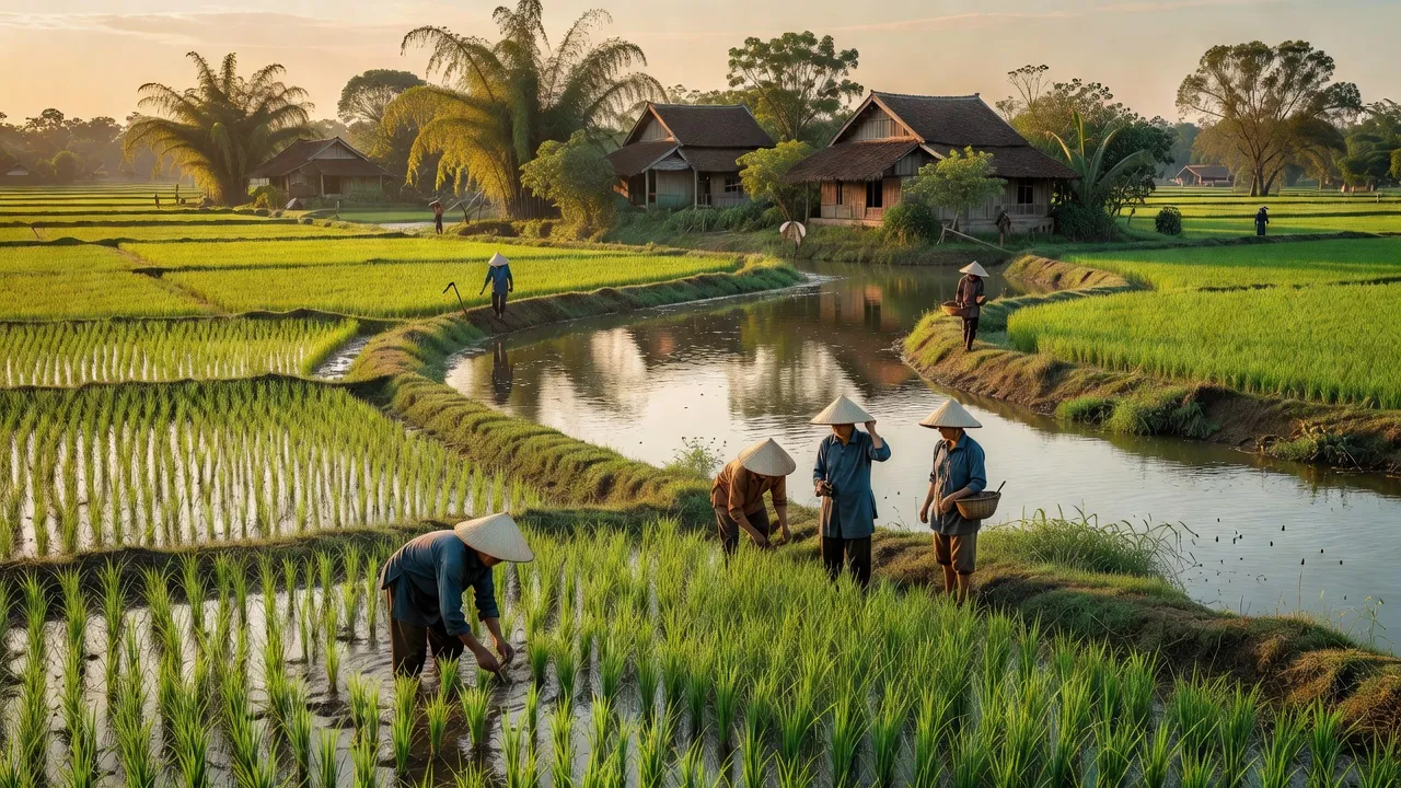 Cảnh quan nông nghiệp xã Phú Thạnh, huyện Phú Tân, An Giang với ruộng đồng và sông nước.