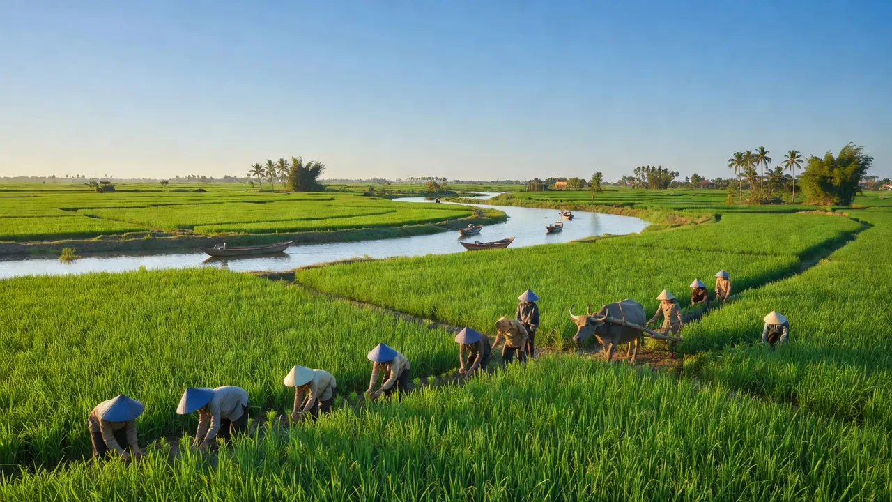 Khung cảnh đẹp Xã Phú Thạnh với cánh đồng lúa xanh mướt và dòng sông trong nắng An Giang.