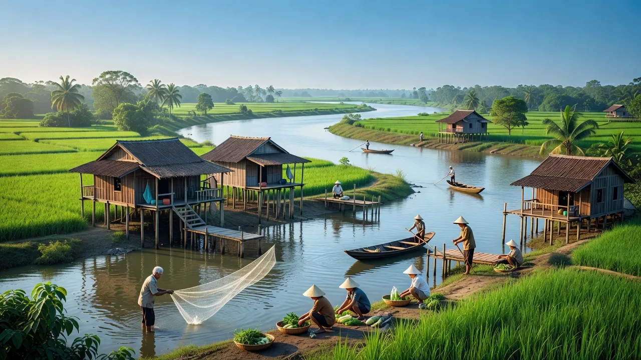 Cảnh làng Phú Thọ, huyện Phú Tân, tỉnh An Giang, sông Tiền và cuộc sống người dân địa phương.