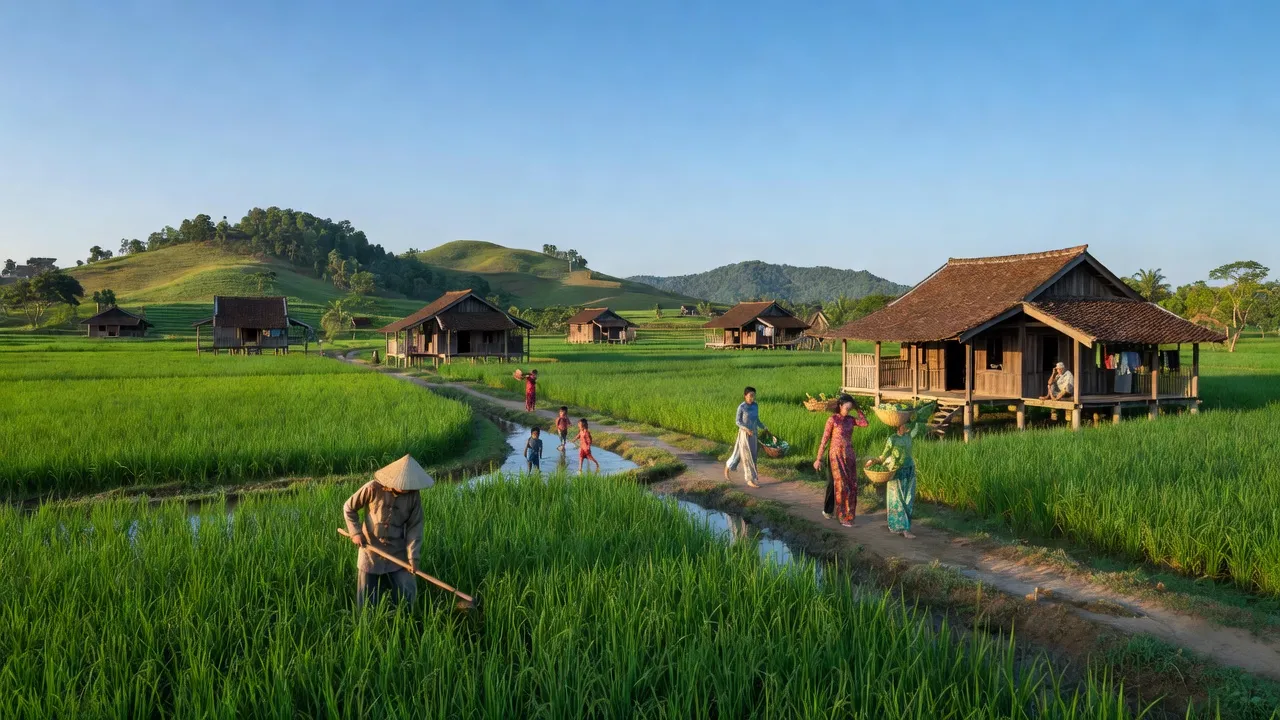 Khung cảnh xã Phú Xuân, huyện Phú Tân, An Giang với cánh đồng xanh và nhà truyền thống.