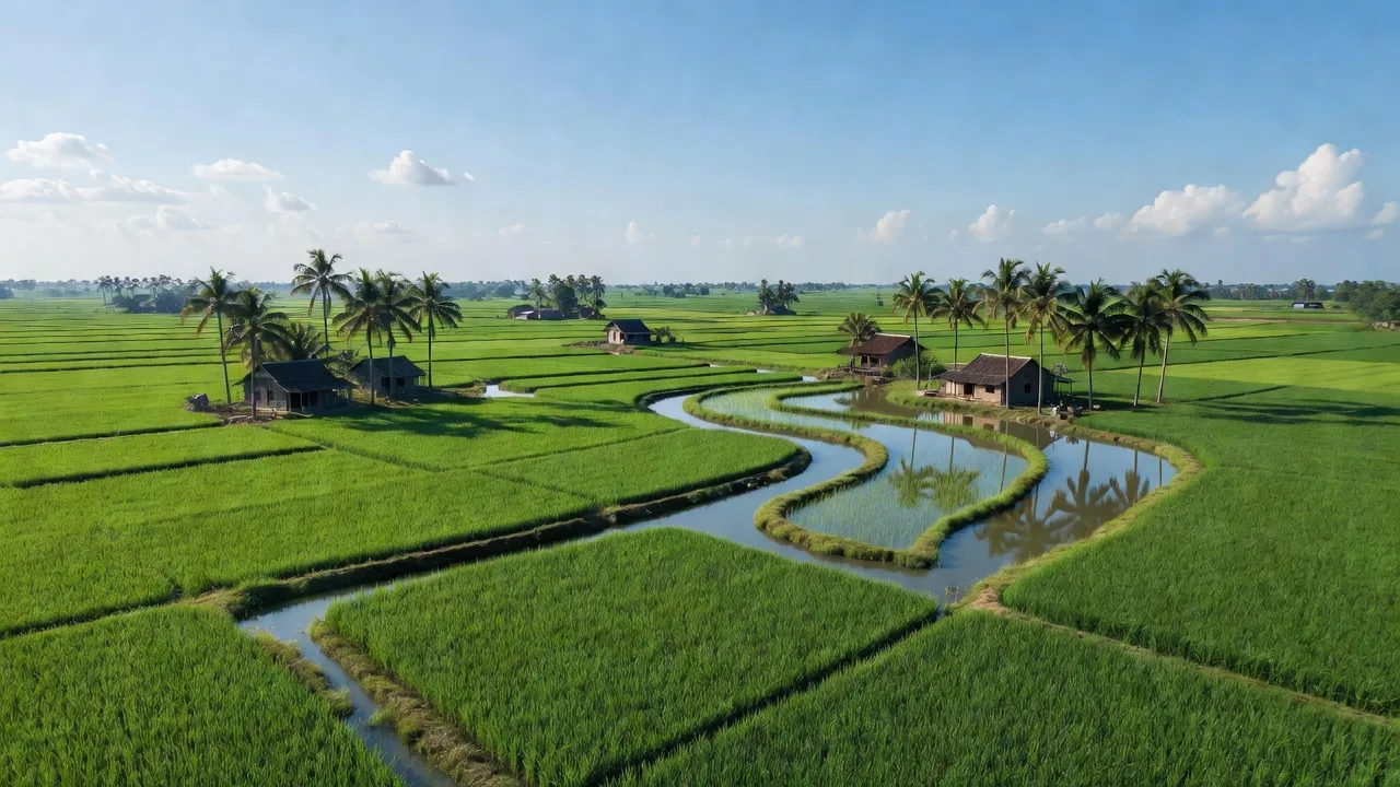 Cảnh đẹp xã Tân Hòa, huyện Phú Tân, An Giang với đồng ruộng xanh và kênh rạch.