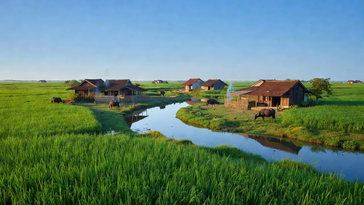 Cảnh quan xã Tân Trung, huyện Phú Tân, An Giang với đồng xanh và nhà truyền thống.