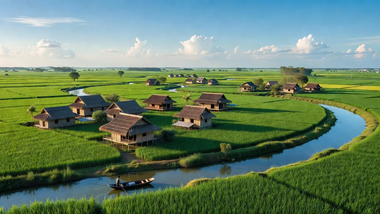 Cảnh sắc xã Tân Trung, huyện Phú Tân, tỉnh An Giang với cánh đồng xanh và sông nước.