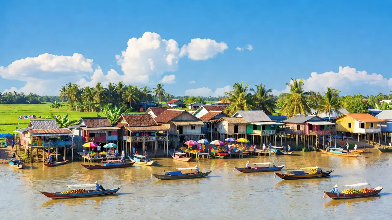 Khung cảnh thị xã Tân Châu, An Giang với sông Tiền và kiến trúc địa phương đặc trưng.