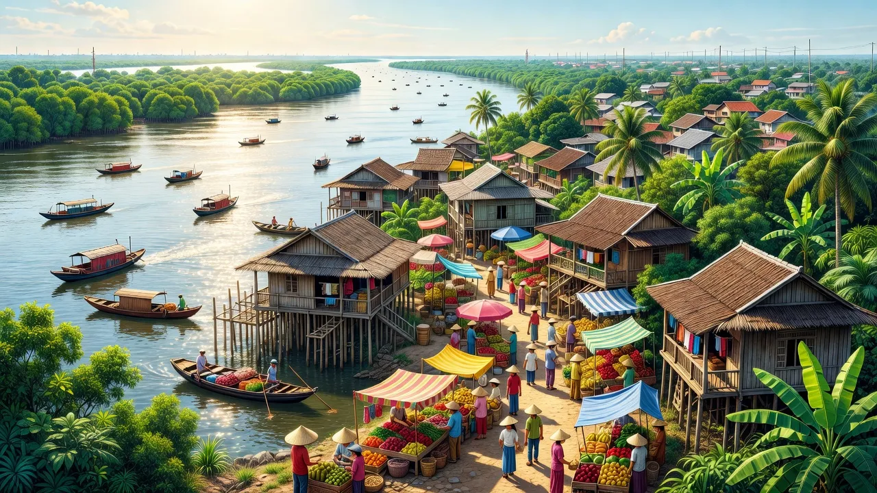 Thị xã Tân Châu, An Giang với bức tranh sống động của sông Tiền và nhà truyền thống.