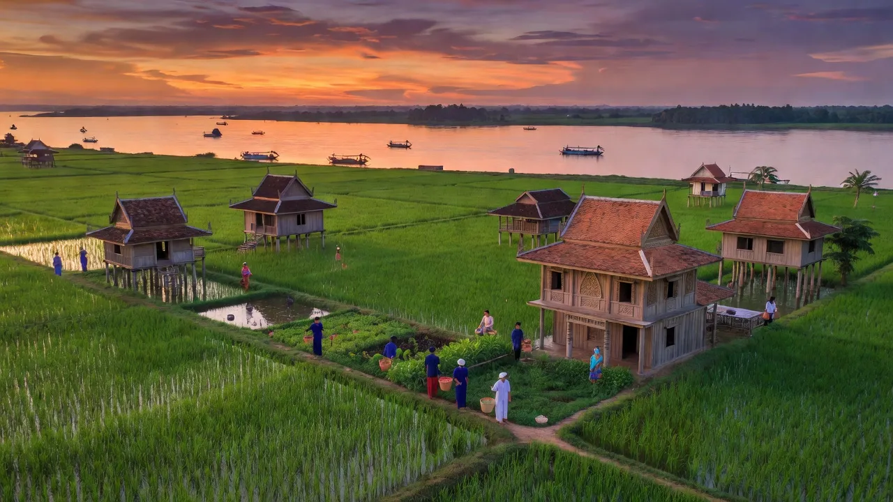 Cảnh đẹp Xã Châu Phong, Thị xã Tân Châu, tỉnh An Giang với cánh đồng xanh và kiến trúc Chăm.