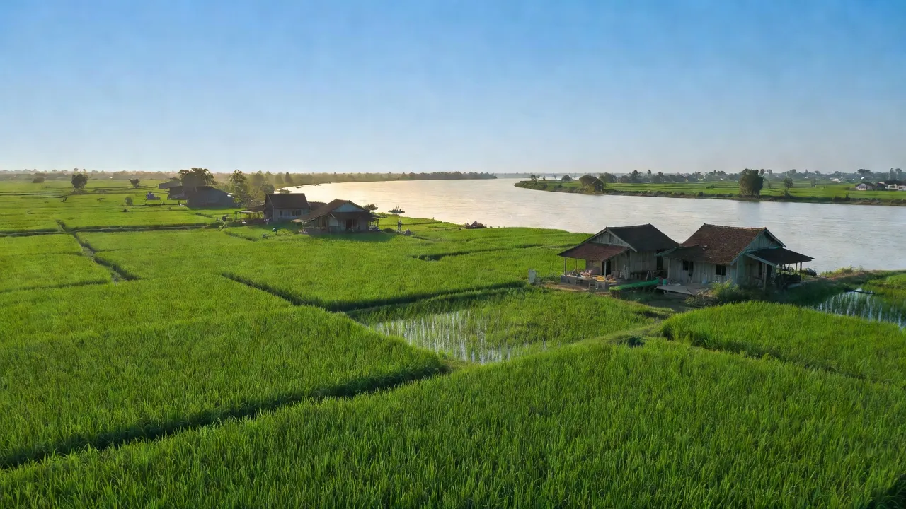 Cảnh đồng lúa xanh tươi tại xã Lê Chánh, Tân Châu, An Giang với sông Tiền phía sau.