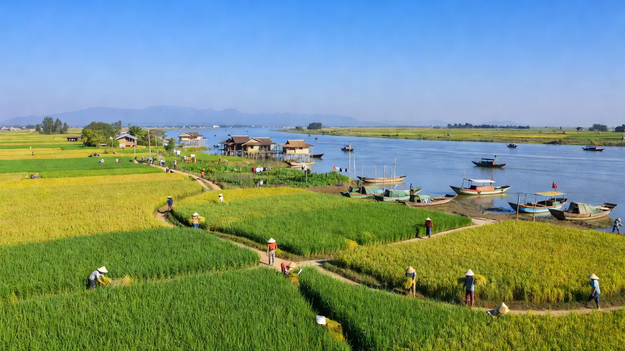 Cảnh quan Xã Lê Chánh, Tân Châu, An Giang với cánh đồng lúa và sông Tiền.