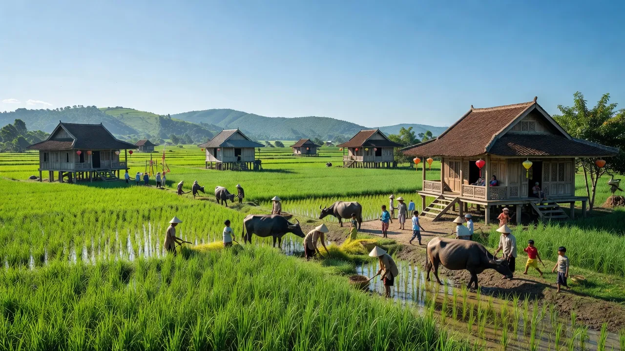 Cảnh đẹp Xã Long An, Thị xã Tân Châu, tỉnh An Giang với đồng ruộng và nhà truyền thống.