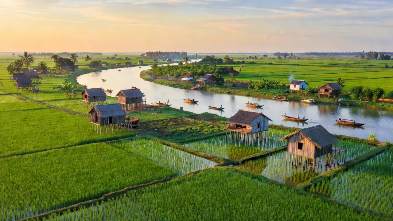 Cảnh sắc xã Long An, Thị xã Tân Châu, tỉnh An Giang với cánh đồng xanh mướt và nhà truyền thống.