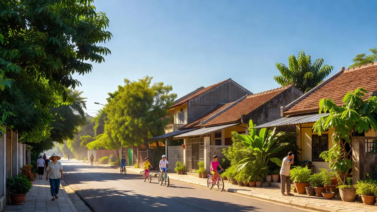 Phường Long Châu, Tân Châu, An Giang với khí hậu nhiệt đới, cảnh quan sống động và mọi người sinh hoạt.