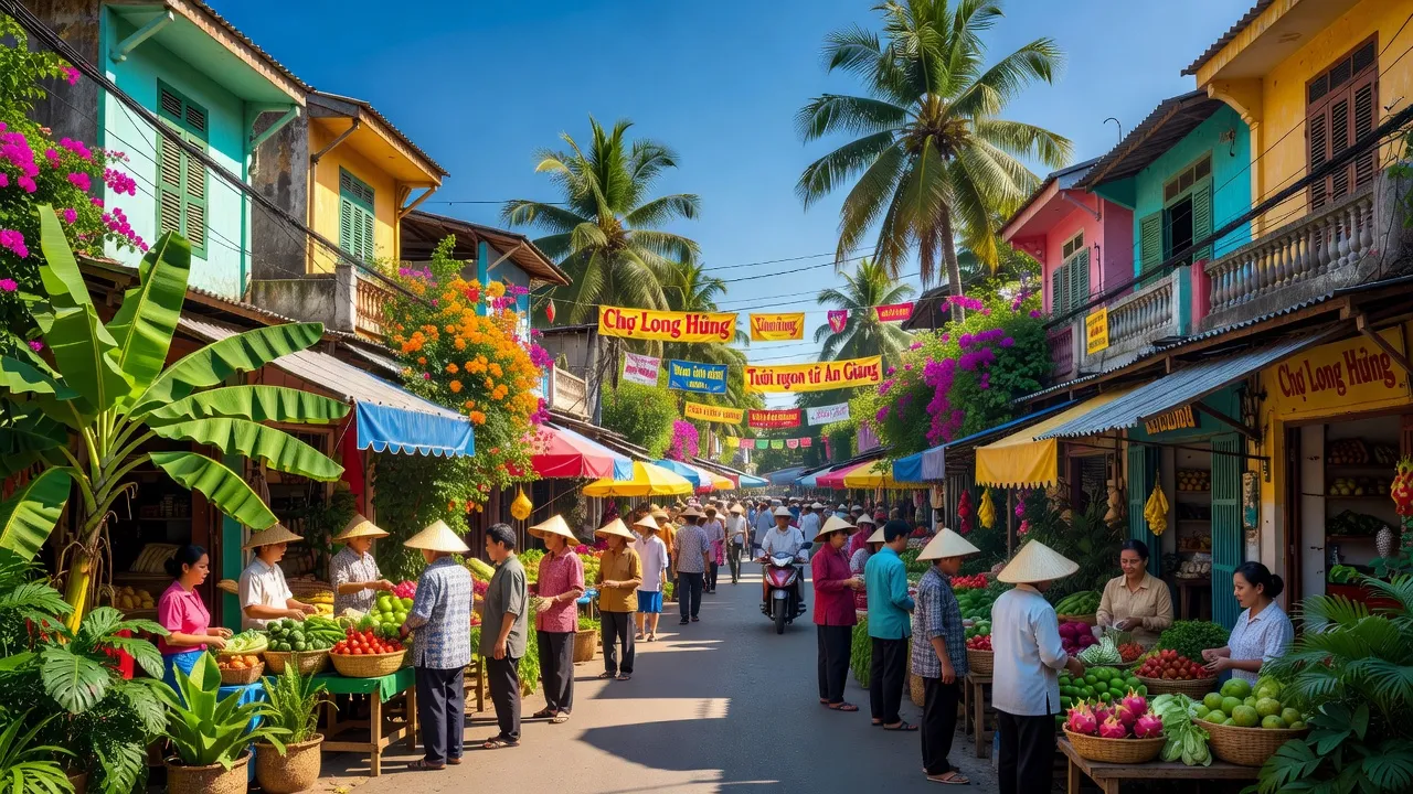 Khu phố nhộn nhịp ở Phường Long Hưng, Thị xã Tân Châu, tỉnh An Giang với hoạt động thương mại và sinh hoạt hàng ngày.