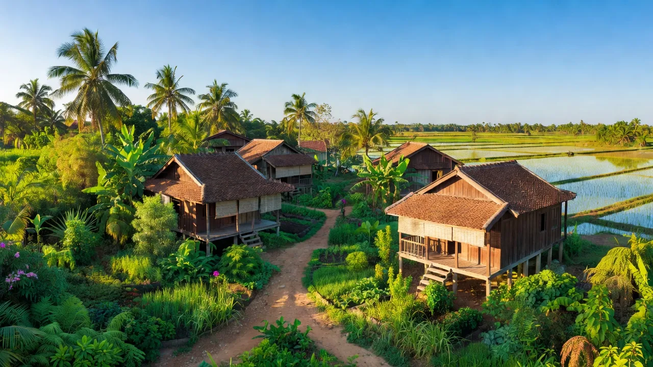 Khung cảnh yên bình của phường Long Hưng, Thị xã Tân Châu, tỉnh An Giang với nhà cửa và cây xanh.