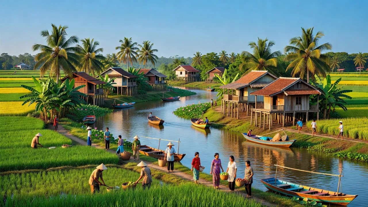 Quang cảnh Phường Long Phú, Thị xã Tân Châu, An Giang với thiên nhiên xanh tươi và đời sống địa phương.