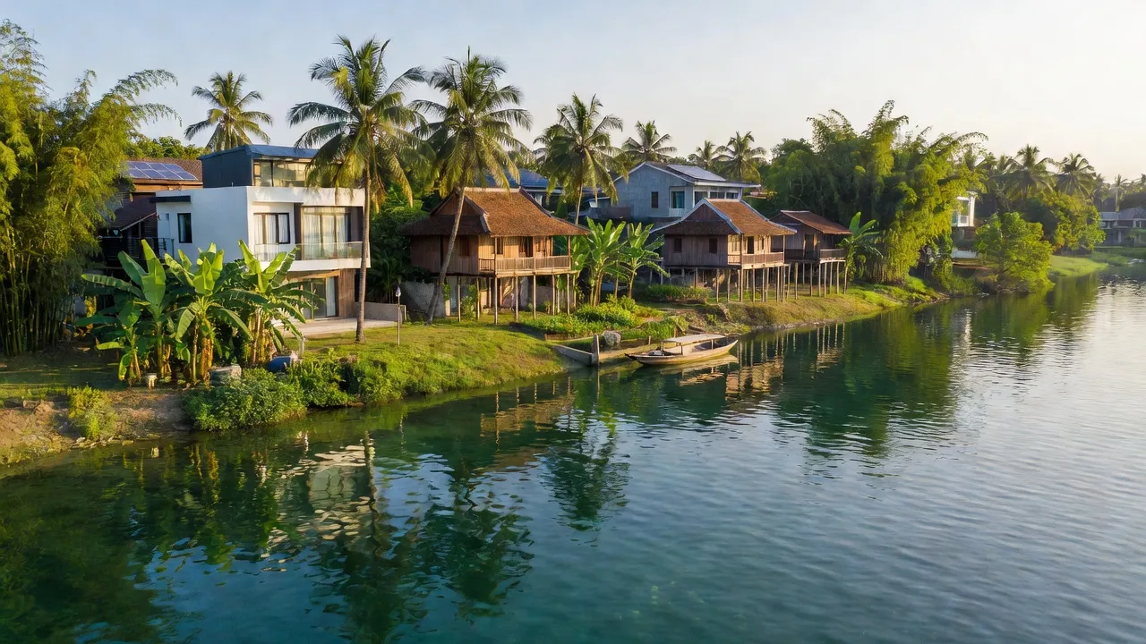 Phường Long Sơn, Thị xã Tân Châu với sông nước, nhà cửa hiện đại và thiên nhiên xanh tươi.