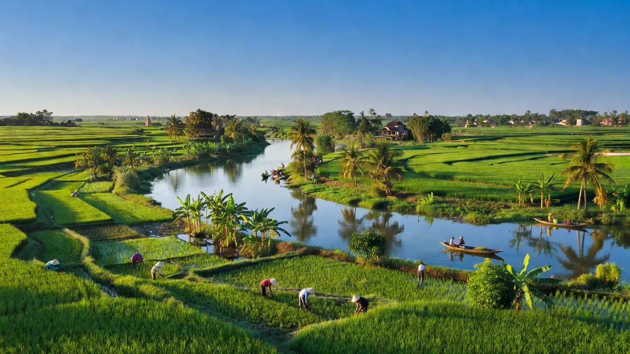 Cảnh quan xã Phú Lộc, thị xã Tân Châu, An Giang với ruộng đồng xanh tươi và sông nước.