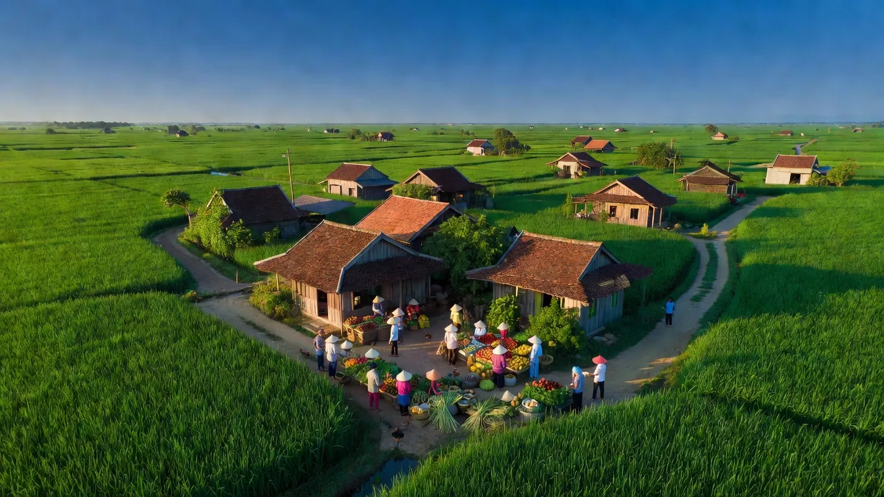Khung cảnh làng Phú Vĩnh, Thị xã Tân Châu, tỉnh An Giang với cánh đồng xanh mướt.