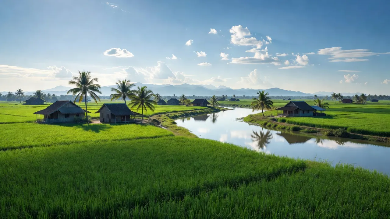 Cảnh đẹp xã Tân An, Tân Châu, An Giang với cánh đồng xanh, sông nước và núi non.