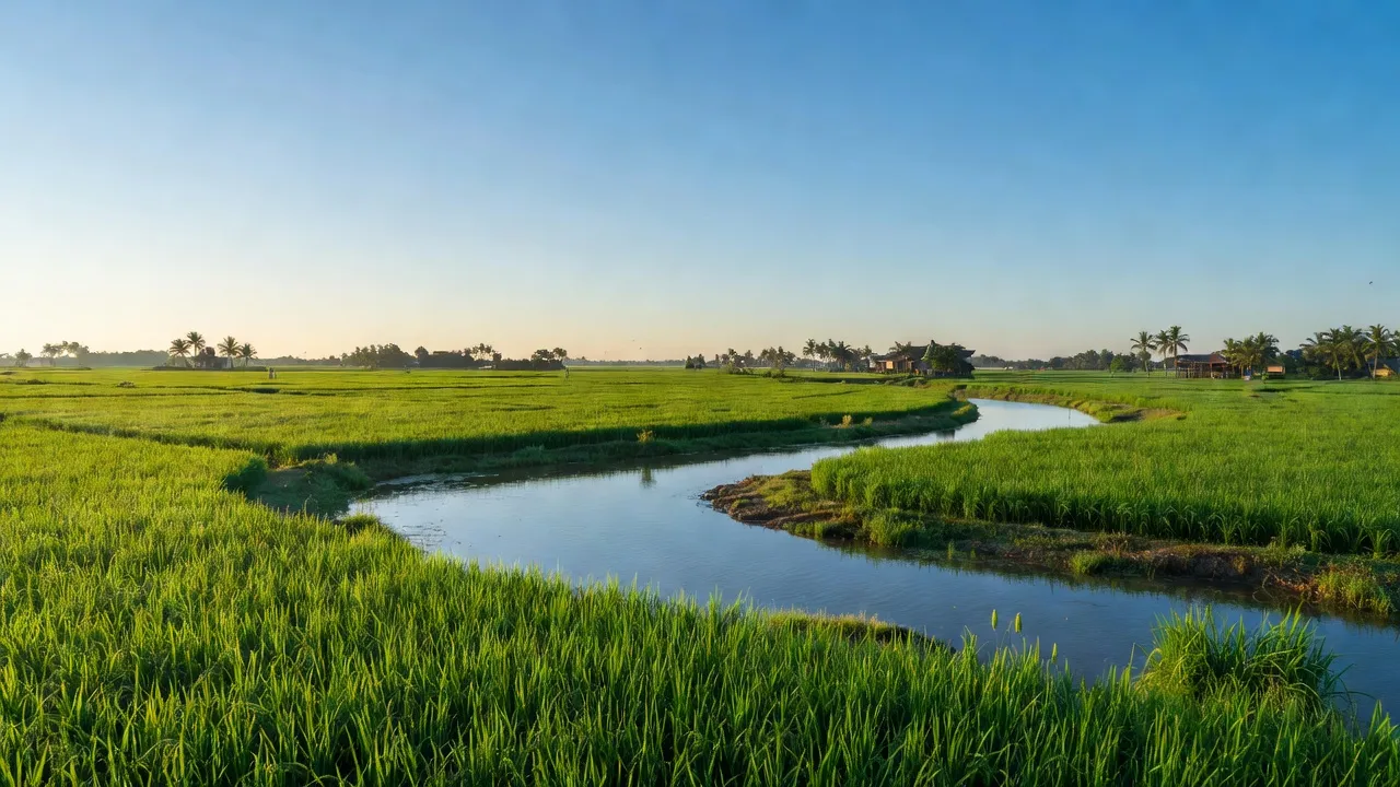 Phong cảnh xã Tân Thạnh, thị xã Tân Châu, An Giang, với cánh đồng xanh mướt và dòng sông êm đềm.