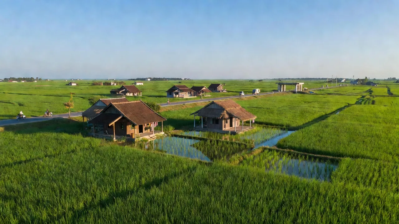 Quang cảnh xã Tân Thạnh, thị xã Tân Châu, tỉnh An Giang với cánh đồng xanh và nhà truyền thống.
