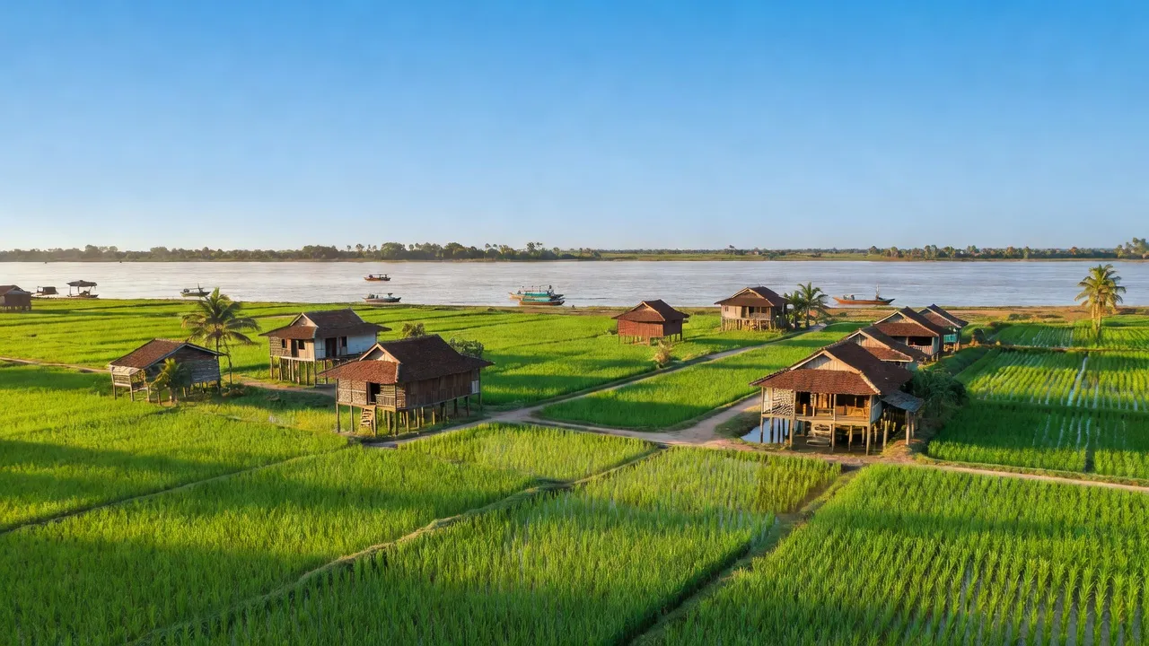 Cảnh đẹp xã Vĩnh Hòa, Tân Châu, An Giang với đồng xanh và sông Mekong thơ mộng.