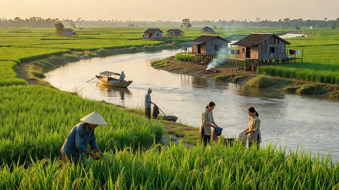 Cảnh quan xã Vĩnh Hòa, Tân Châu, An Giang với đồng xanh và sông Mekong, nơi sinh hoạt của người dân.