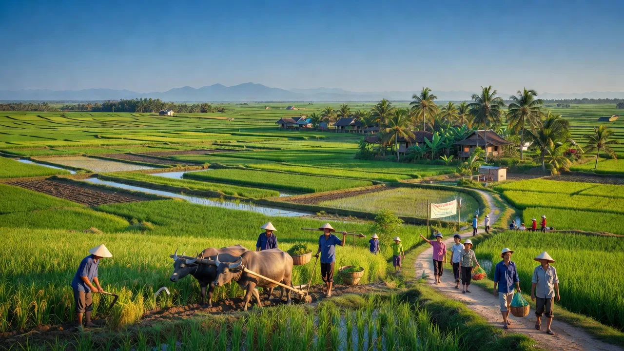 Cảnh đẹp huyện Thoại Sơn An Giang với cánh đồng xanh mướt và đời sống nông nghiệp truyền thống.