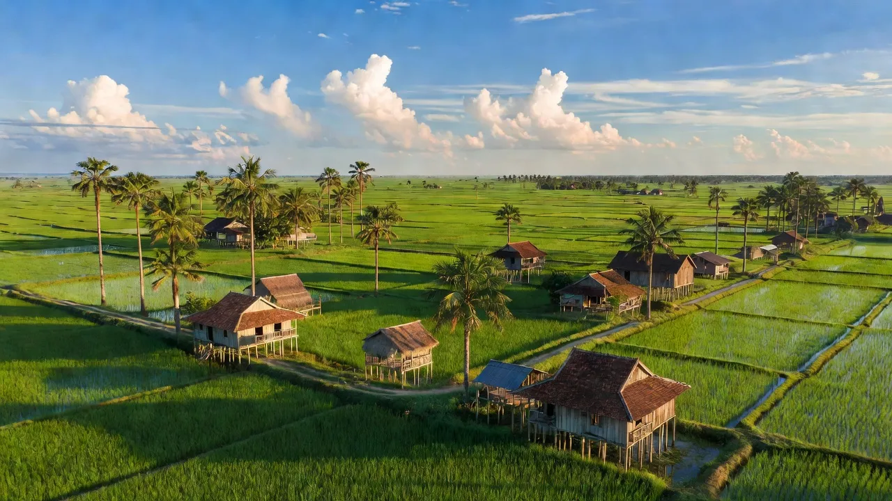 Khung cảnh huyện Thoại Sơn, An Giang với đồng lúa xanh tươi và kiến trúc nông thôn truyền thống.