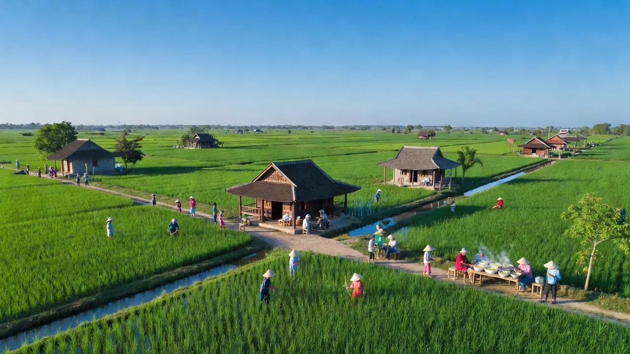 Cảnh đẹp Xã An Bình, Huyện Thoại Sơn, Tỉnh An Giang với đồng xanh và nhà truyền thống.