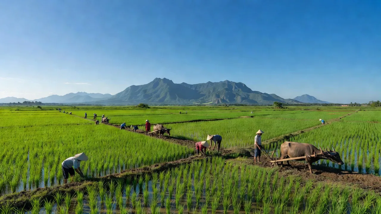 Cảnh quan xã An Bình, huyện Thoại Sơn, An Giang với đồng ruộng và trời xanh.