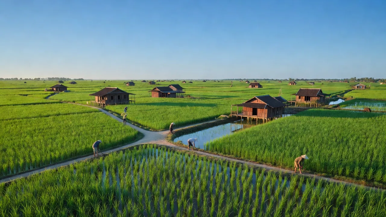 Khung cảnh yên bình của xã Bình Thành, huyện Thoại Sơn, tỉnh An Giang với cánh đồng xanh tốt.