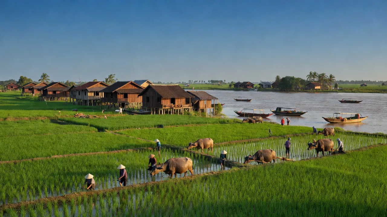 Khung cảnh yên bình của xã Bình Thành, huyện Thoại Sơn, tỉnh An Giang với cánh đồng xanh tươi.