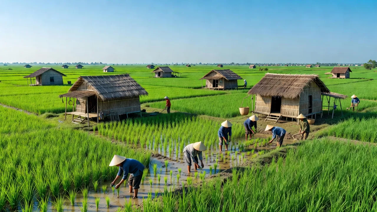 Cánh đồng xanh mướt và nhà truyền thống ở xã Định Mỹ, huyện Thoại Sơn, tỉnh An Giang.