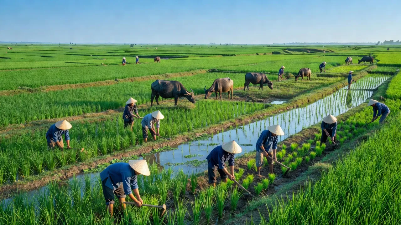 Cảnh quan xã Định Mỹ, huyện Thoại Sơn, tỉnh An Giang với cánh đồng lúa xanh và nông dân làm việc.