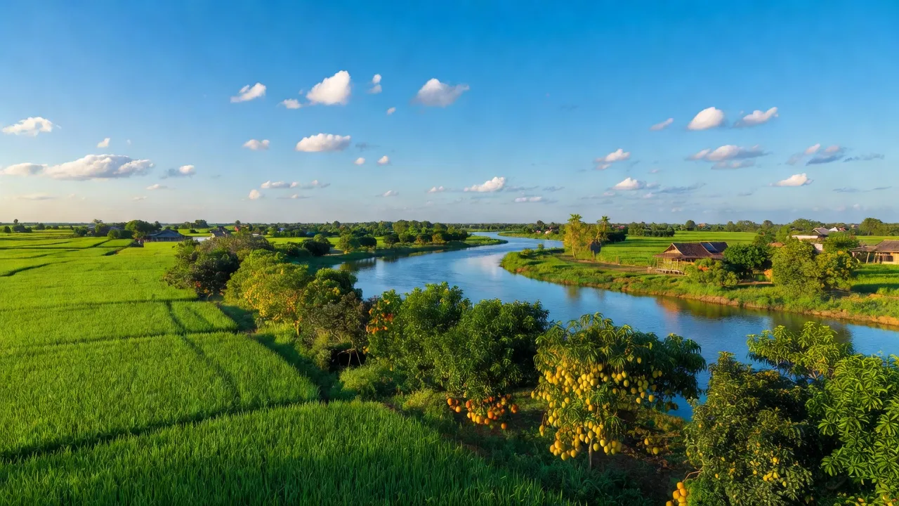 Khung cảnh Xã Định Thành, huyện Thoại Sơn, An Giang với ruộng lúa và cây ăn trái xanh tươi.