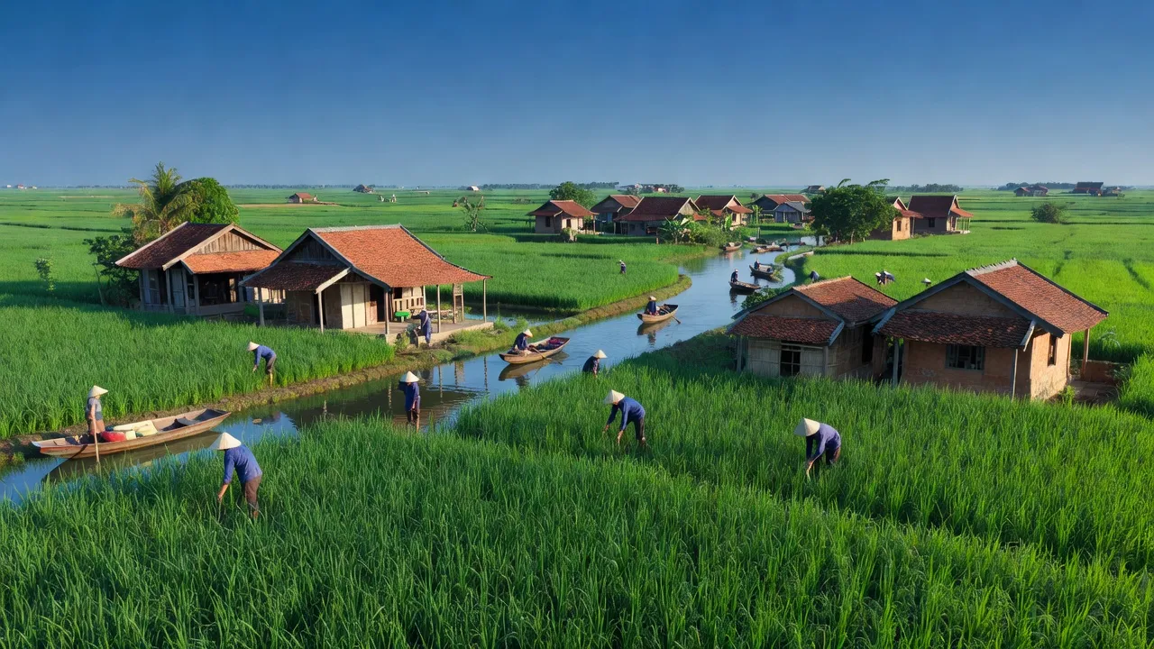 Cảnh sắc thanh bình xã Mỹ Phú Đông, huyện Thoại Sơn, tỉnh An Giang với ruộng xanh và nhà truyền thống.